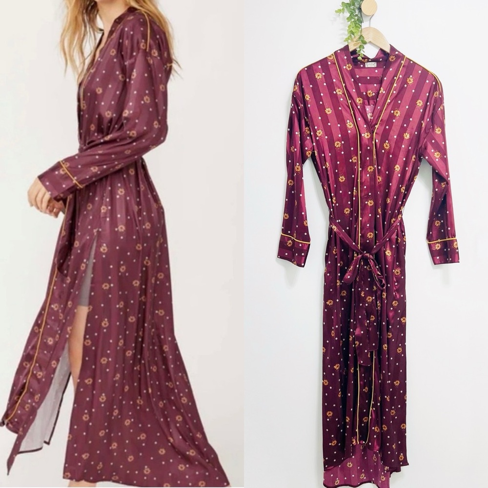 Intimately Free People Satin Wine Floral Pajama Long Robe